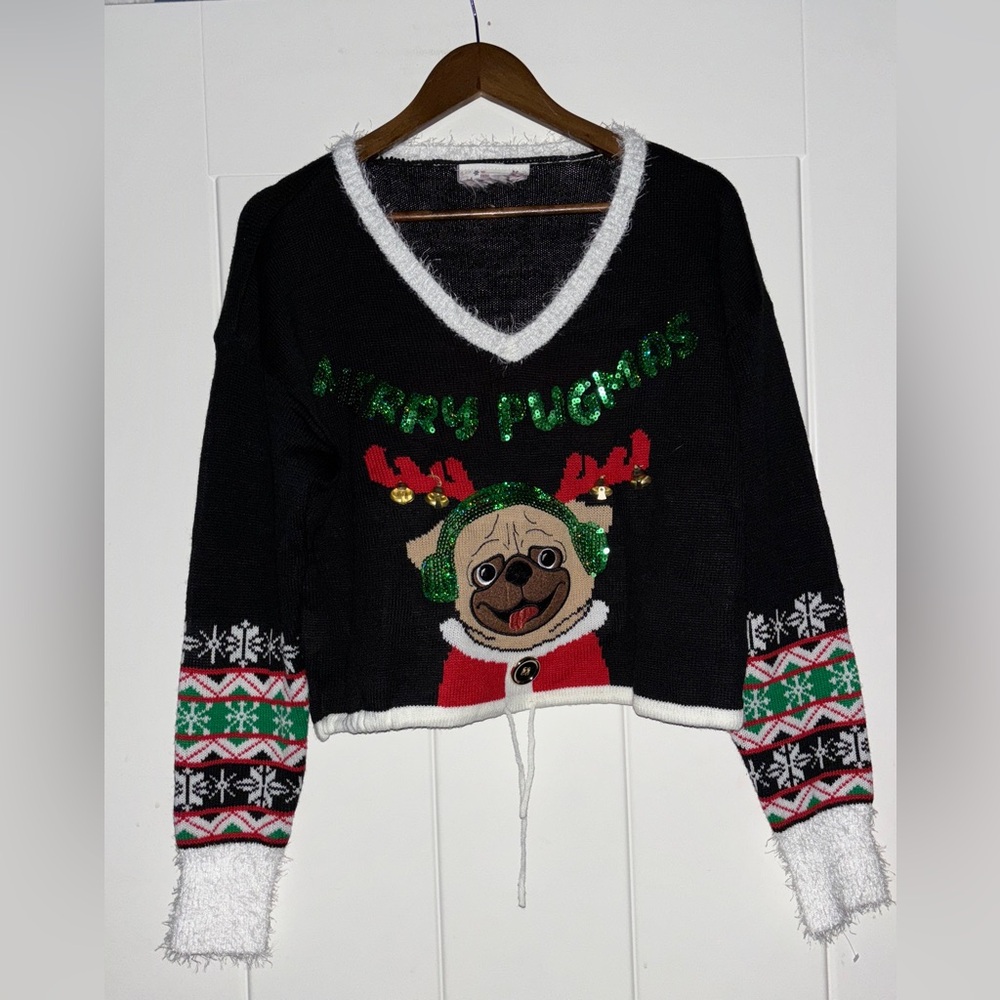Merry Pugmas Cropped Holiday Christmas Sweater L Funny‎ Pug Dog Ugly Xmas Knit